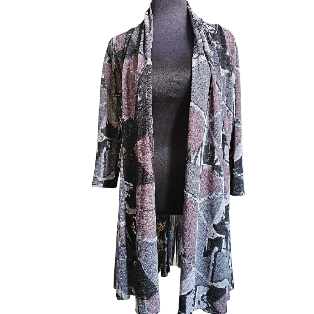 CREATION 3/4 Sleeve Purple & Gray Open Front Cover Up Cardigan Size Small NWT
